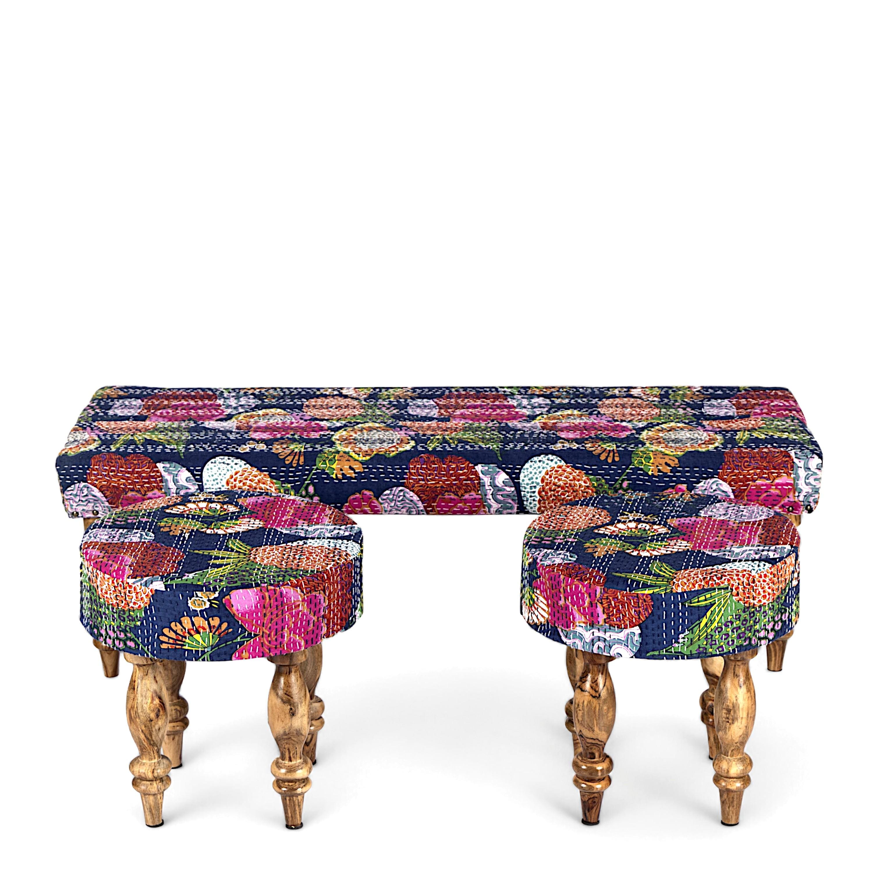 Cairo Sheesham Wood Mid Century Seater Bench Set  2 Stools In Fruit Print Blue Kantha