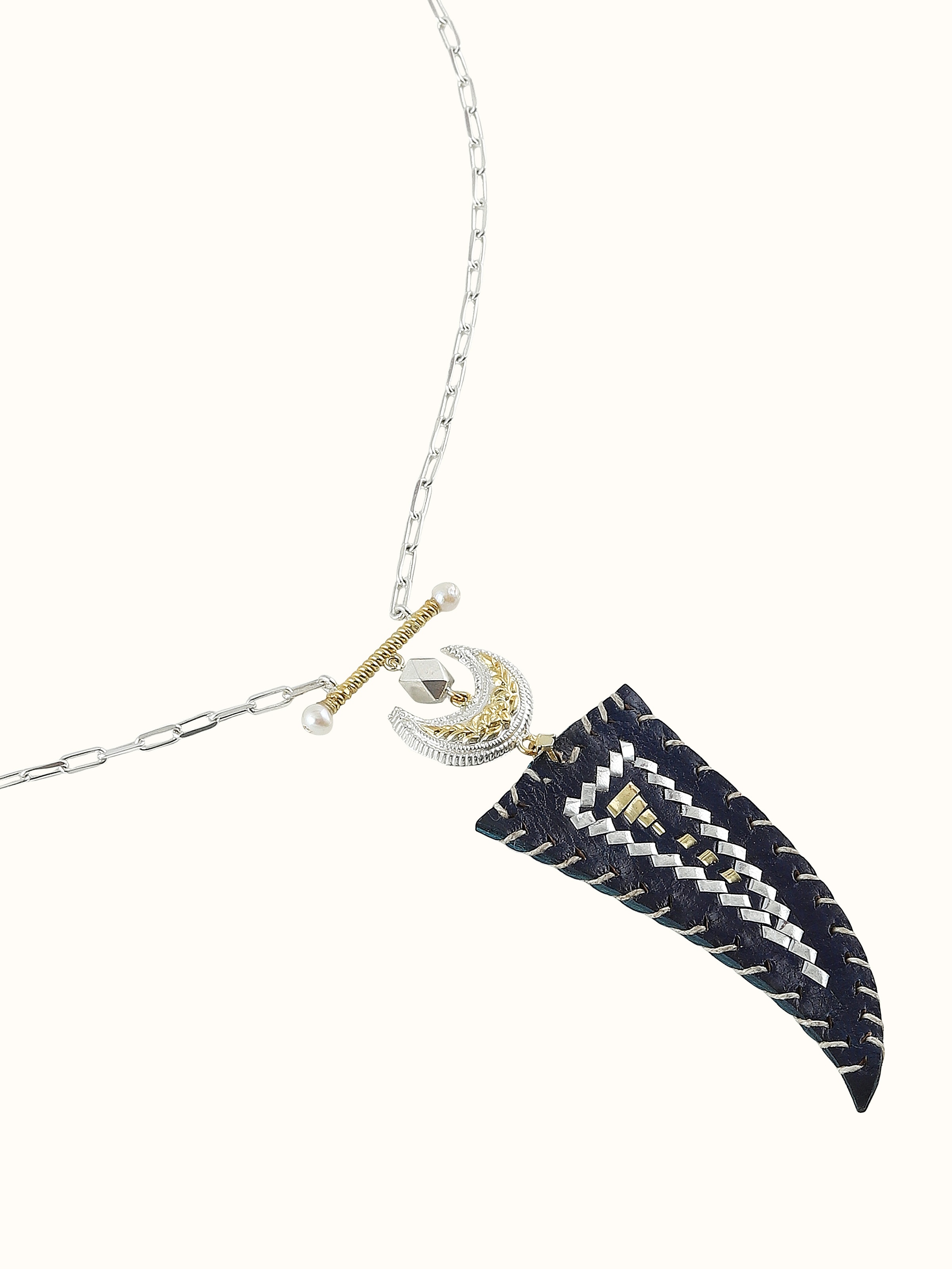 Kutch Leather Silver Long Necklace