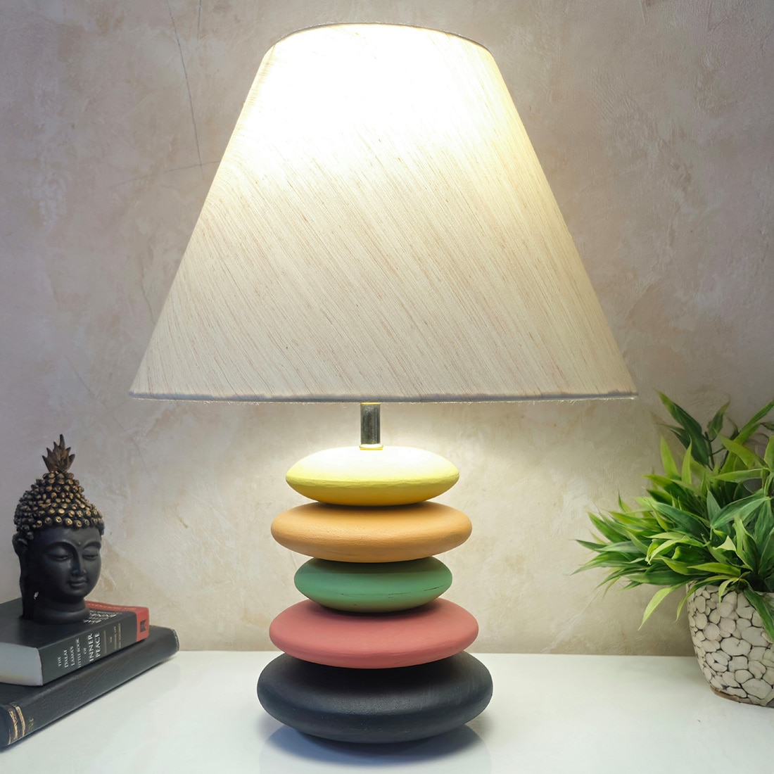 Multicolour Handpainted And Hancarved Distress Wooden Stone Finish Table Lamp