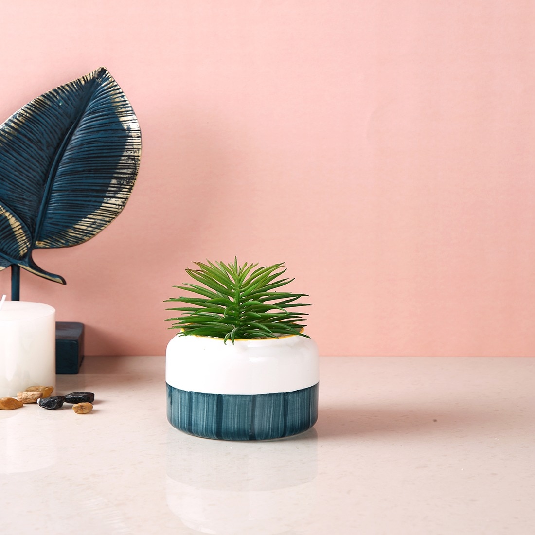 Pristine And Awe-Struck Indoor Faux Plant With Dual Shade Ceramic Pot