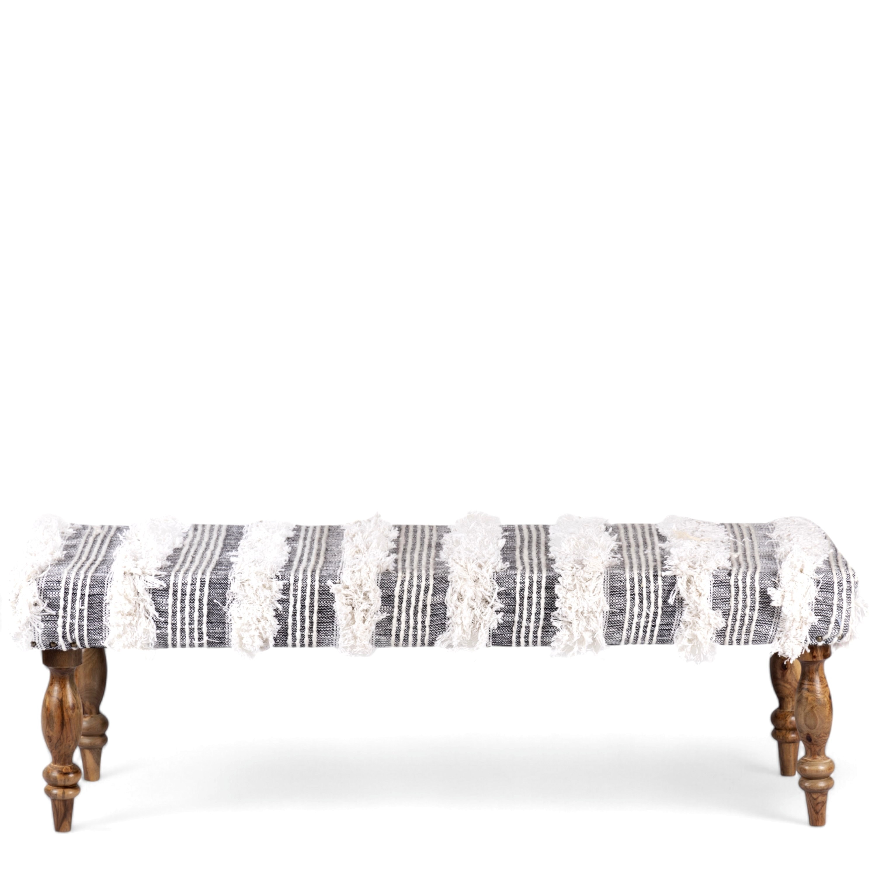 Cairo Sheesham Wood Accent 3 Seater Bench In Grey Fabric