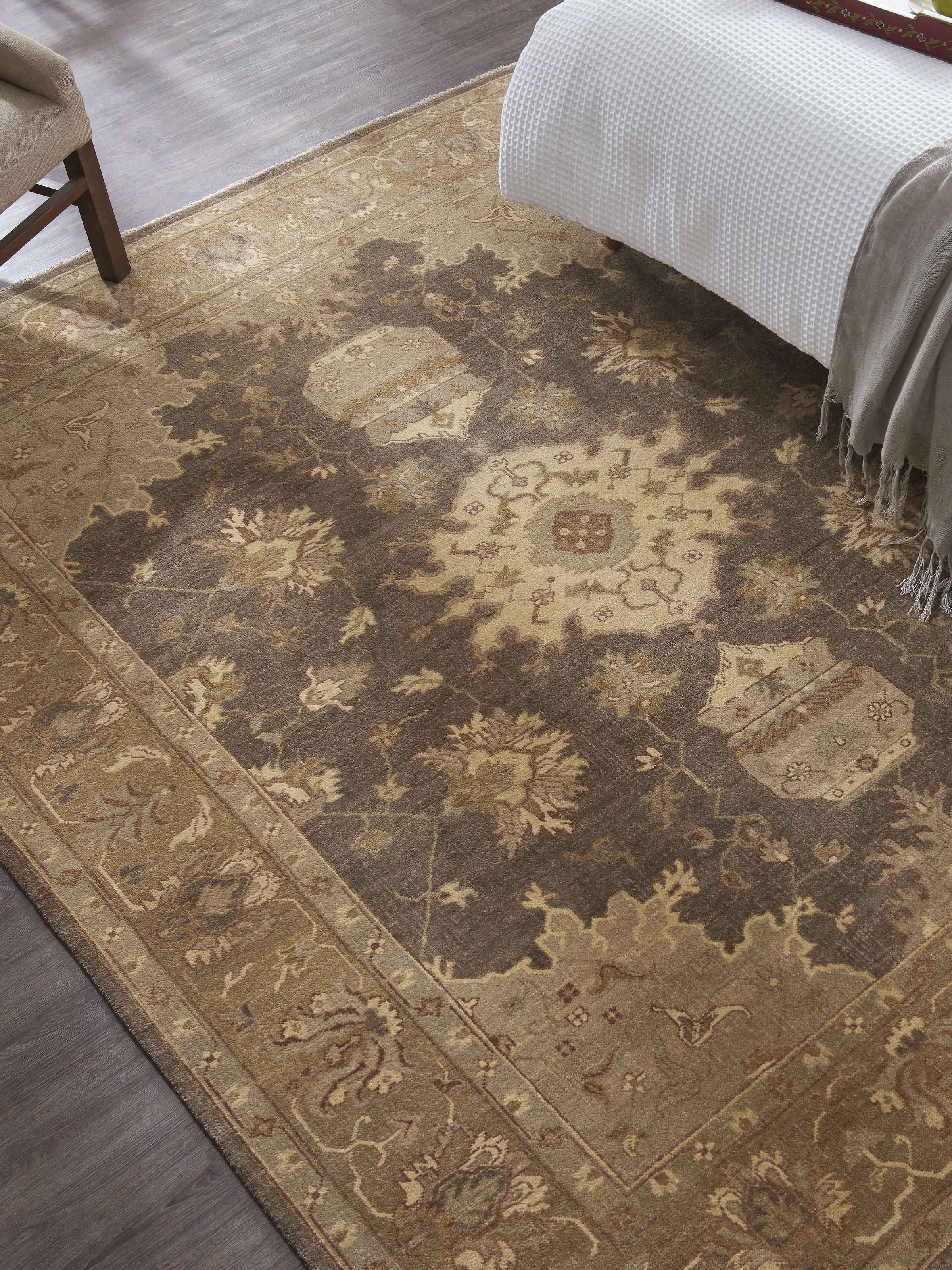 Top-down shot highlighting the intricate hand-knotted wool craftsmanship