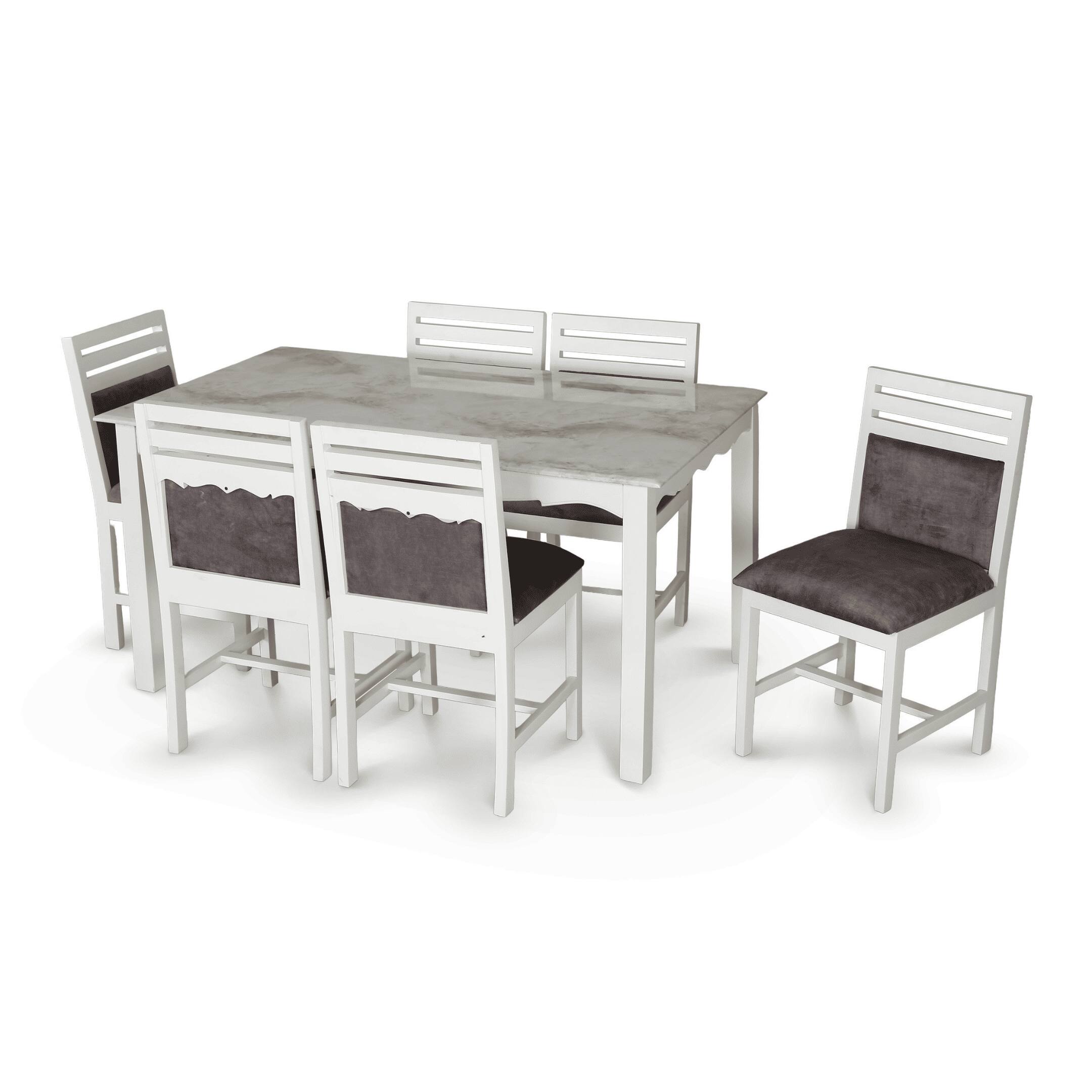 Globally Indian Compact Wooden Dining Table Set For 6 – White Painted Finish With Cushioned Seating