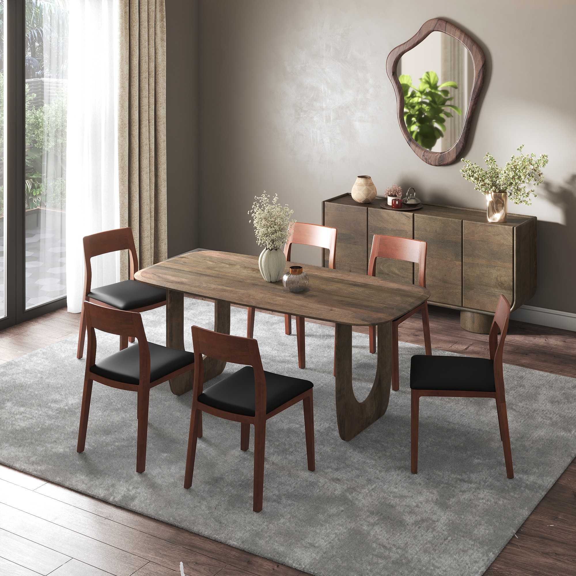 Aero Solid Wood 6 Seater Dining Table With 6  Clarke Dining Chairs (Finish : Danish Walnut, Chair Colour : Black Leatherette) - Urban Ladder