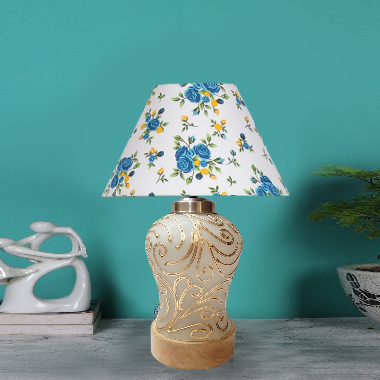 Devansh Conical Multicolor  Cotton Shade  Lamp With  Wood & Mosaicglass Base For Decoration /Office/Home/Gifting/Study For Decoration /Office/Home/Gifting/Study -(10X10X14.5) Inches -