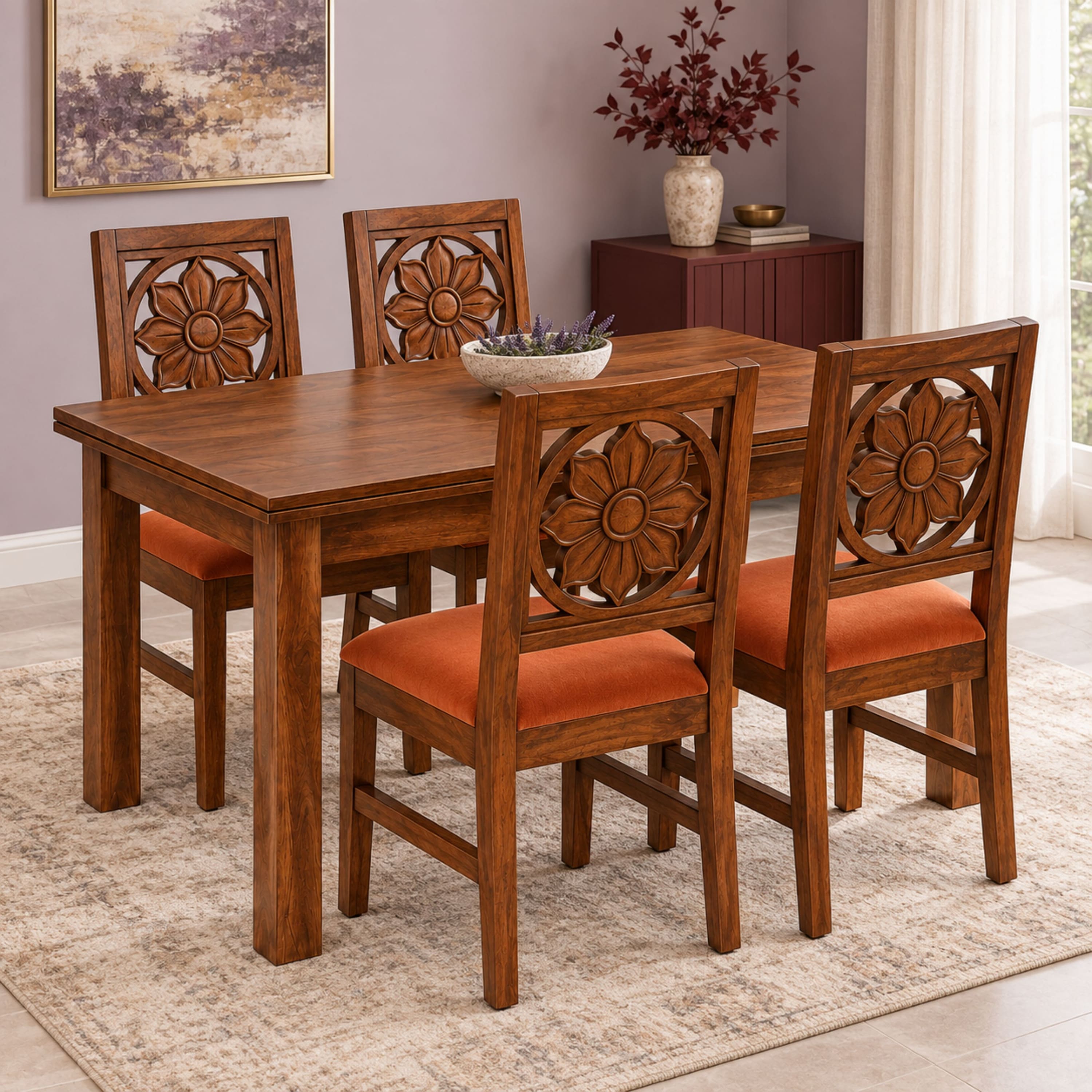 Globally Indian Surya Solid Sheesham Wood 4 Seater Dining Table Set 4 Chairs Terracotta Orange