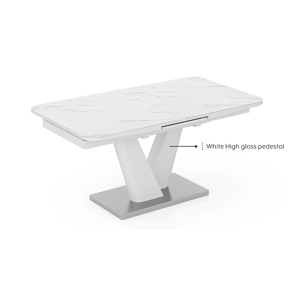 Caribu 6 To 8 Extendable Dining Table In White Marble Color With High Gloss Finish