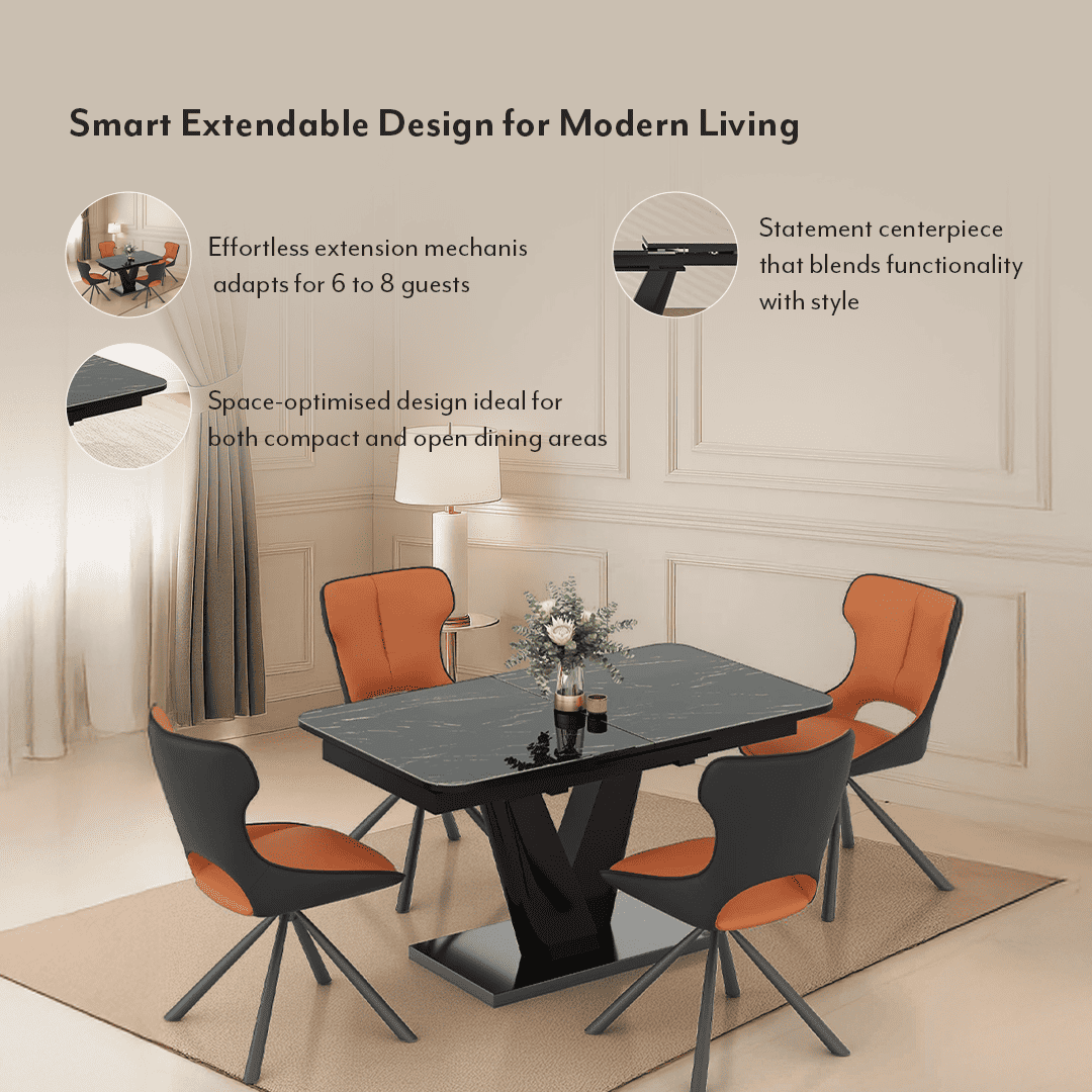 Caribu 6 To 8 Extendable Dining Table In Black Marble Color With High Gloss Finish