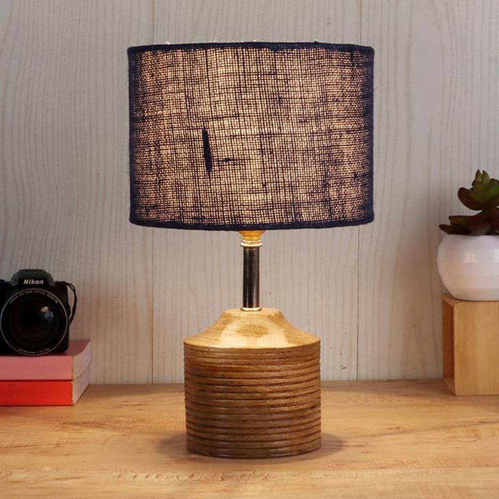 Emily Blue Natural Fiber Shade Table Lamp with Natural Wooden Base