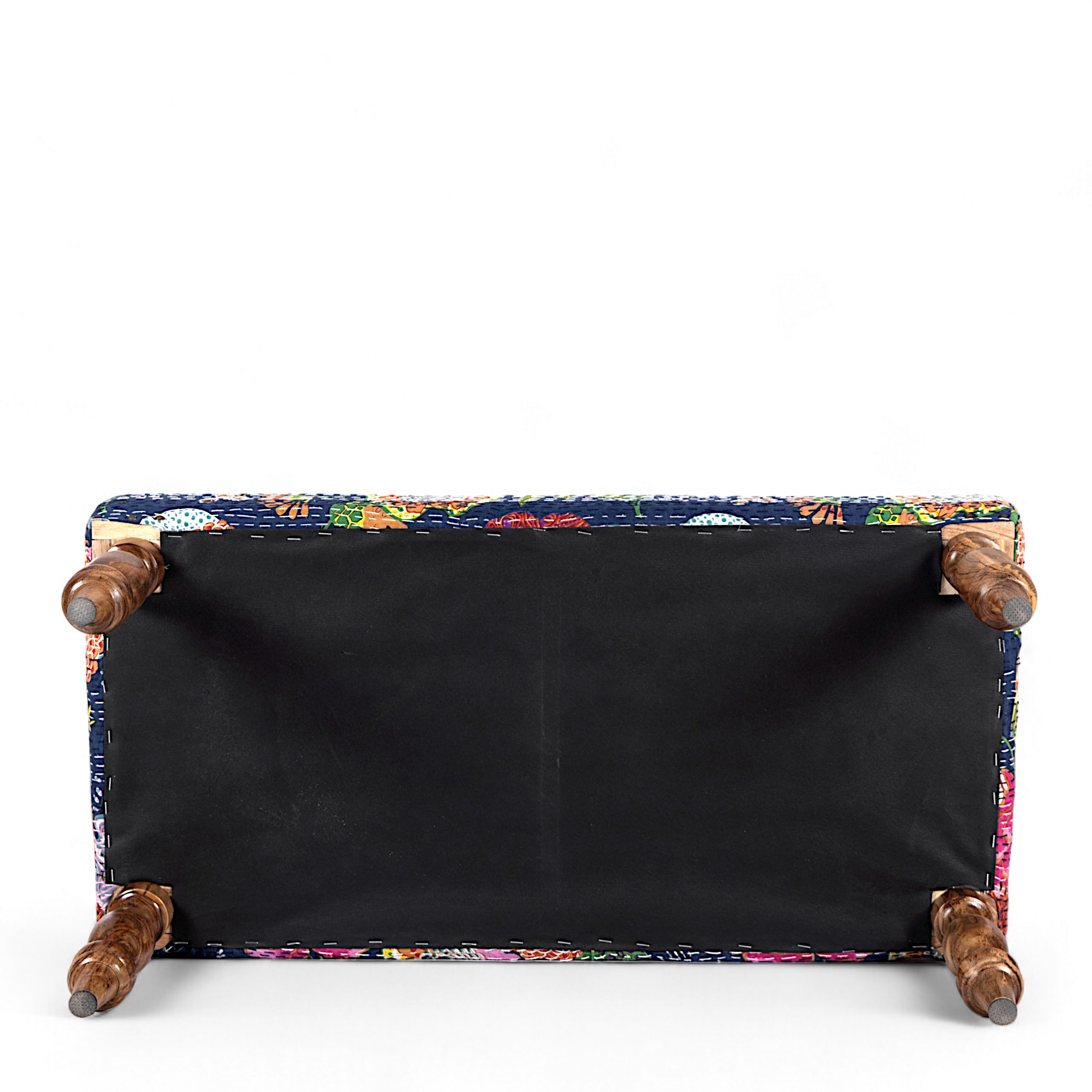 Bestone Sheesham Wood Mid Century 2+1+1 Seater Bench Set With 2 Stools In Fruit Print Blue Kantha