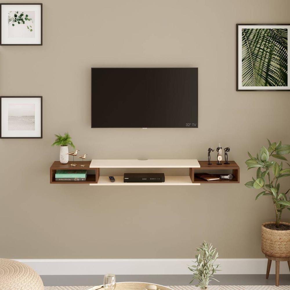 Toska Engineering Wood Wall Mount TV Entertainment Unit Set Top Box Stand/TV Cabinet with Shelves for Books & Décor Display Unit Large Upto 50 Inches (Brown Maple & Beige)