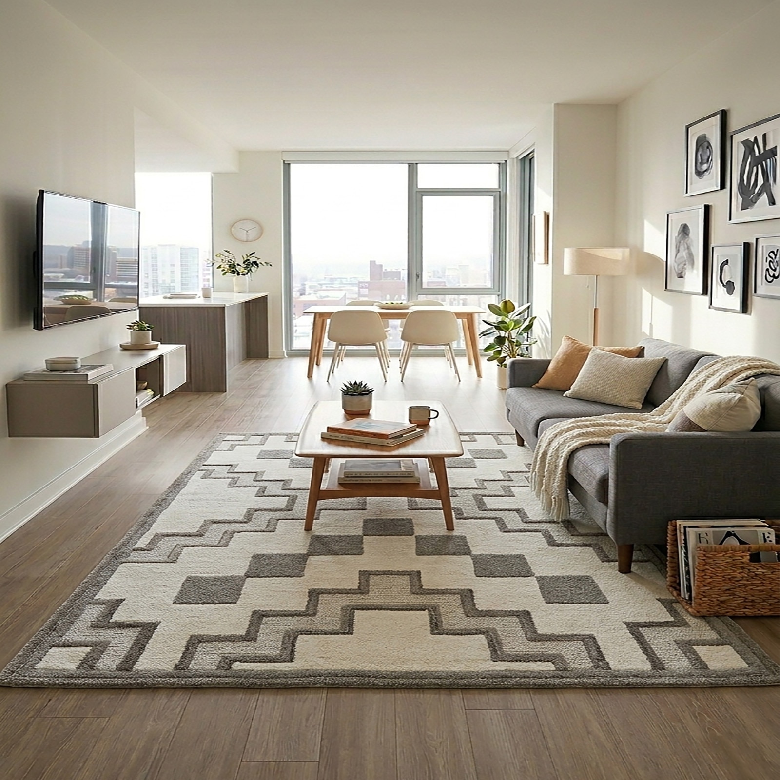Modern Geometric Aztec Area Rug Grey Cream Chevron 64 x 92 - The Woven Legacy