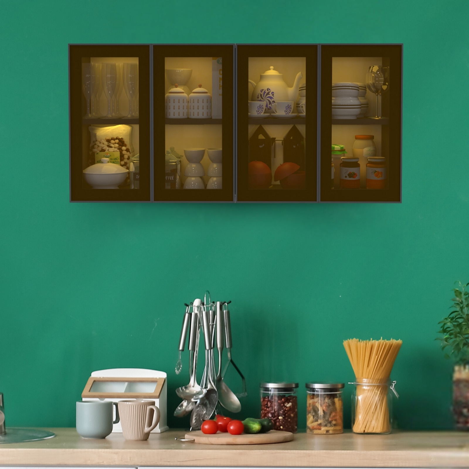 Aluminium Black Profile 4 Brown Tinted Glass Handless Shutters Wall Cabinet In Slate Grey Finish - Speciality Panels
