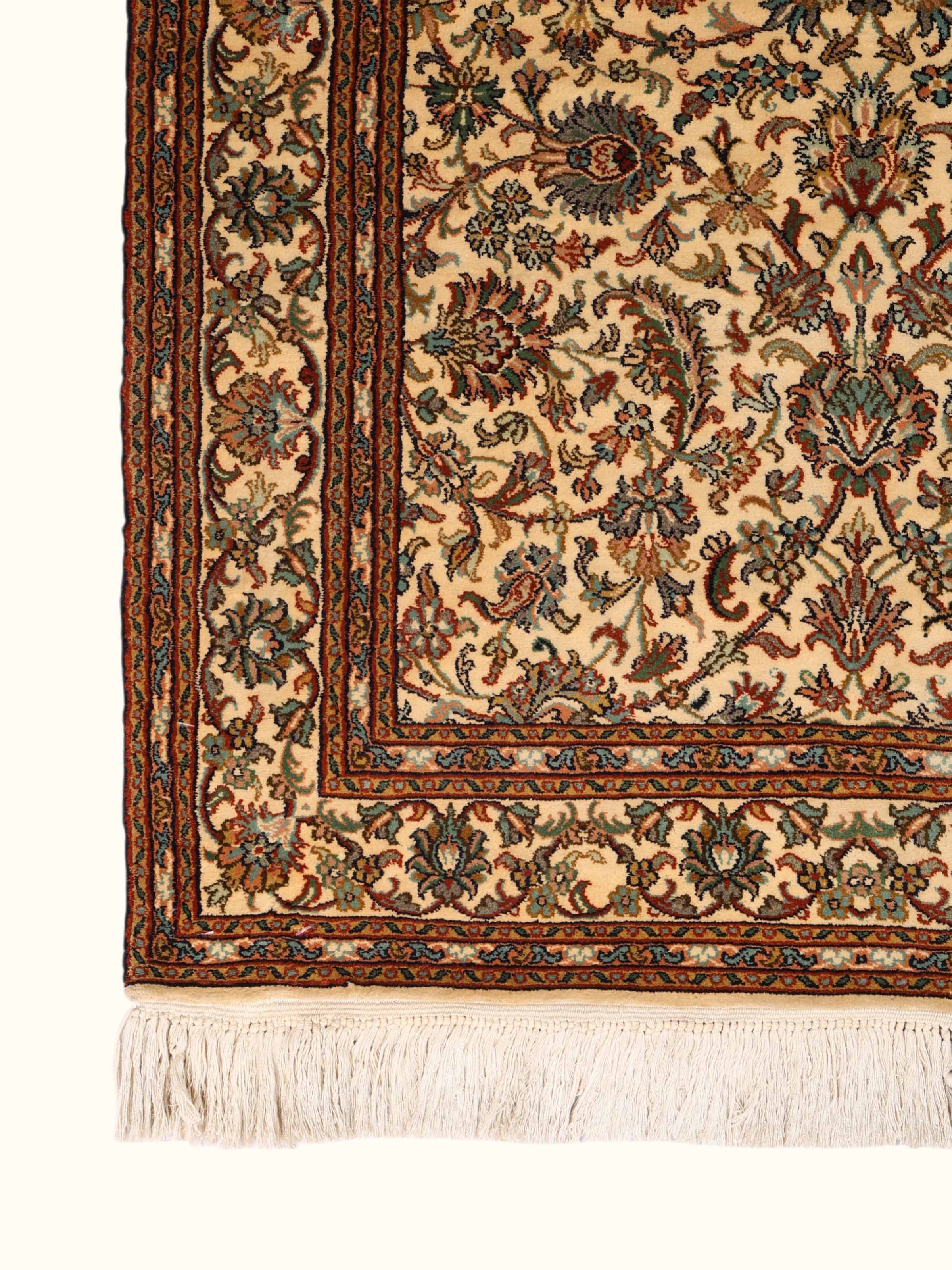 Traditional Persian Off-White Allover Kashmir Silk Hand-knotted Runner