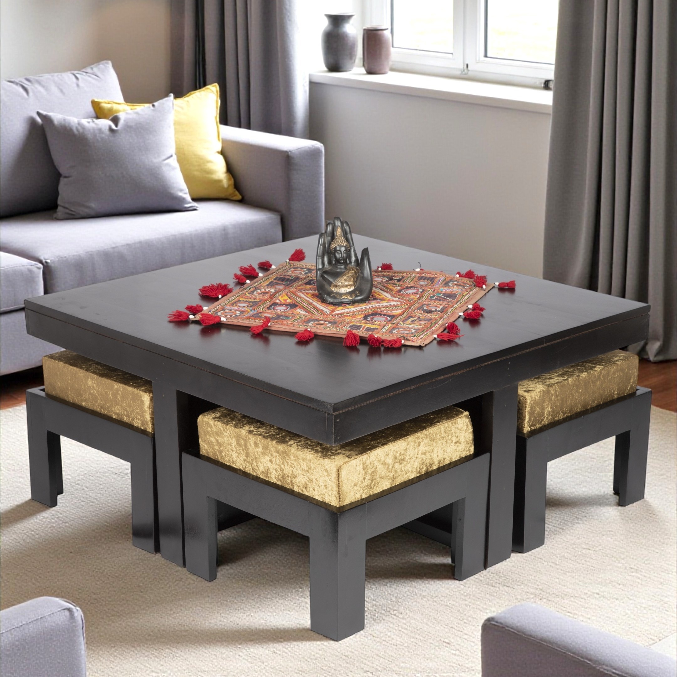 Blane Sheesham Wood Accent Coffee Table Set With 4 Stools In Extra Dark Mahagony Finish With Green Sparkle Velvet Cushions