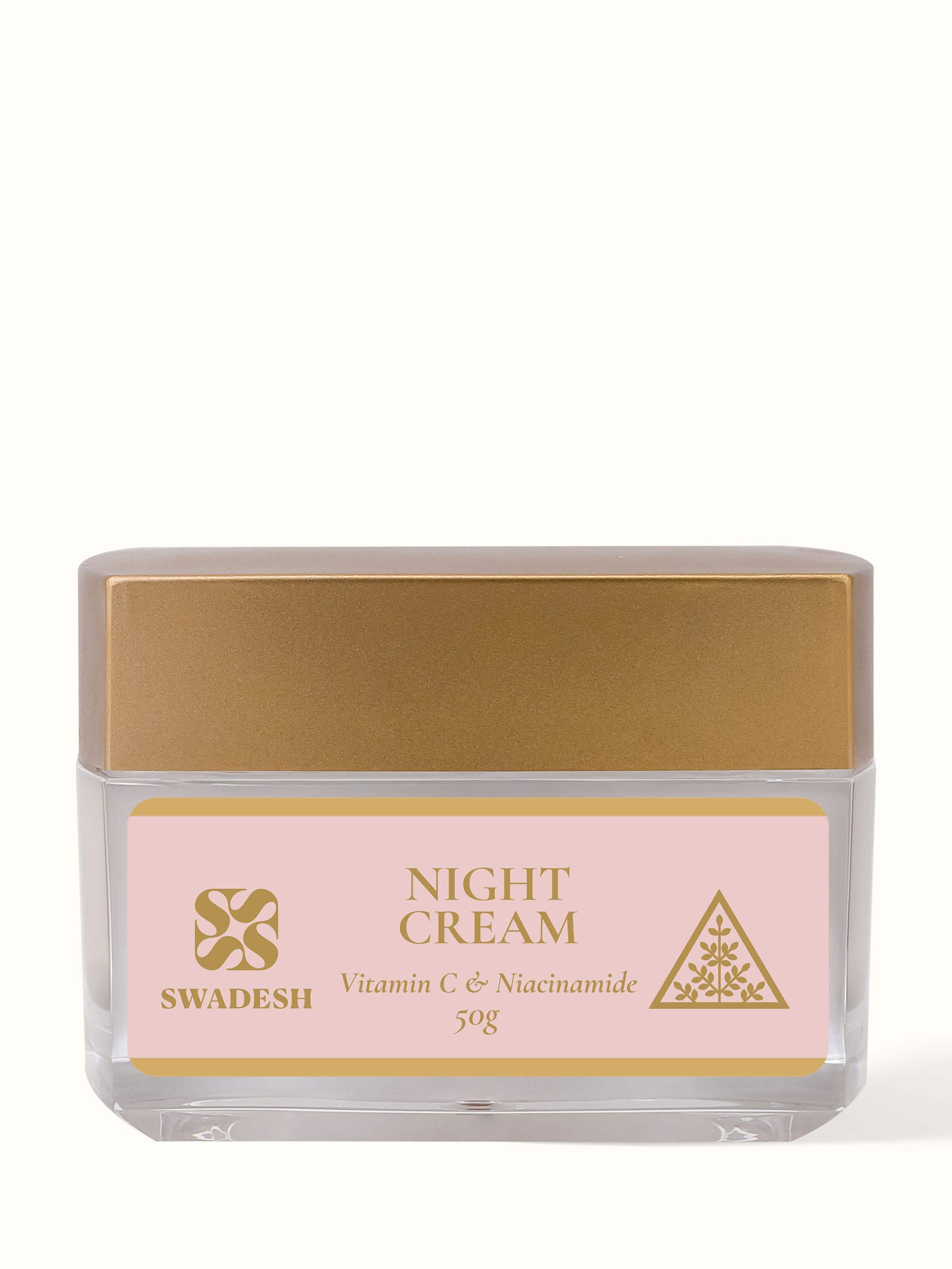 Close-up of Swadesh Night Cream with Vitamin C & Niacinamide, highlighting its rejuvenating and skin-brightening properties.
