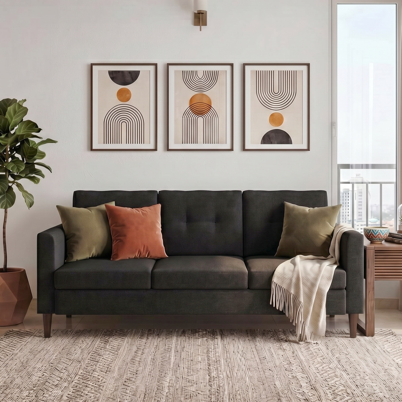 Winston 3 Seater Fabric Sofa in Asphalt Grey Colour - Urban Ladder