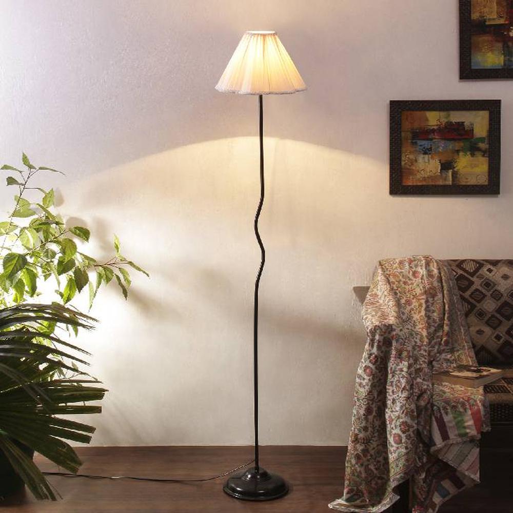 Jade Off White Fabric Floor Lamp with Black Iron Base