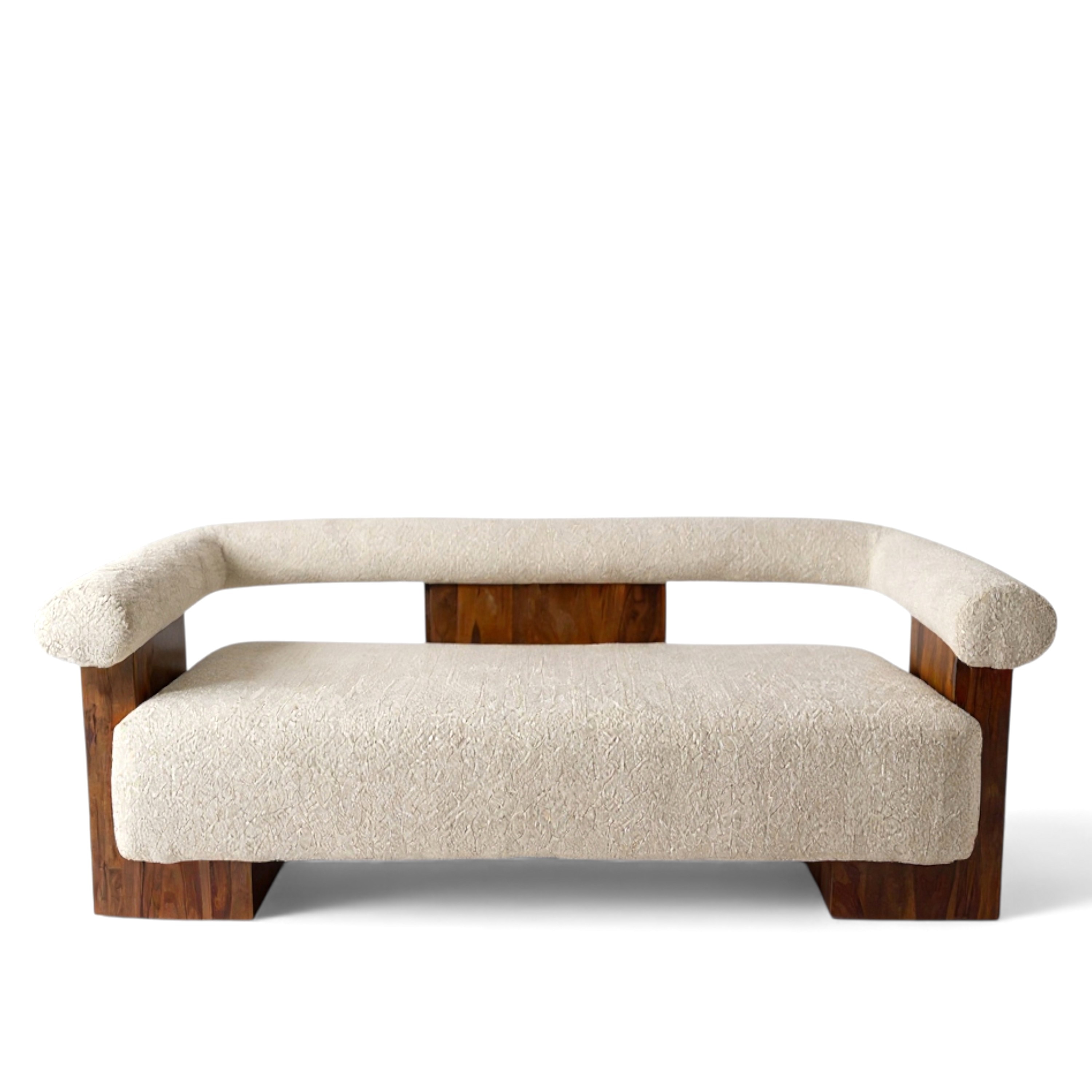 Westfield Sheesham Wood Mid Century 3 Seater Sofa (Off White Soft Boucle Fabric In Teak Finish)