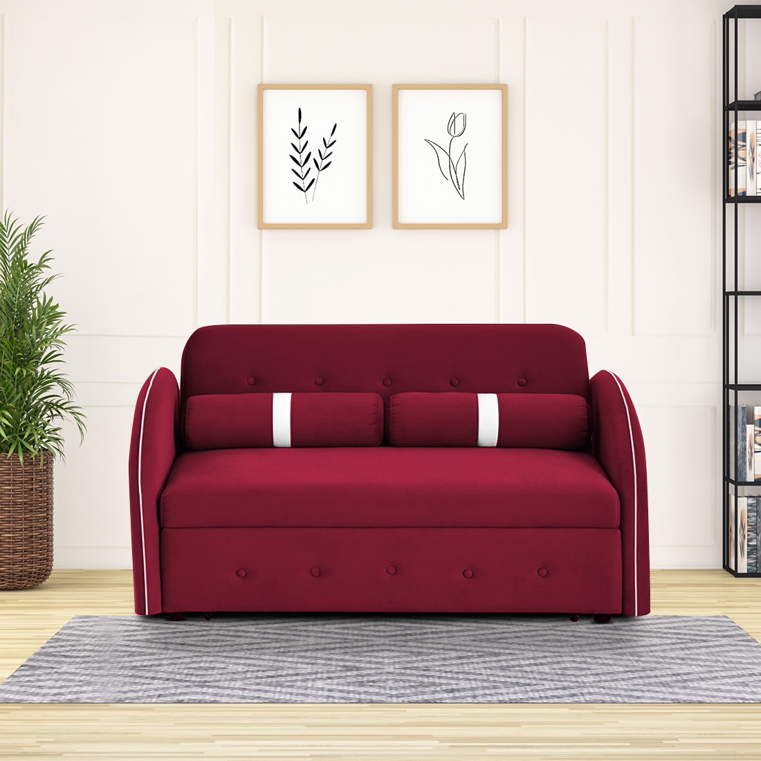Jayen  Pull Out Sofa cum Bed  in Maroon Colour