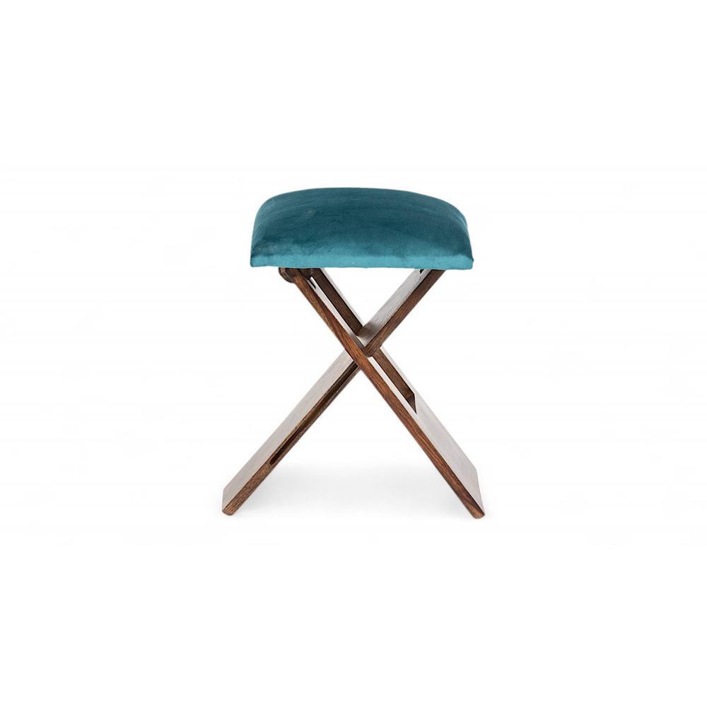 Dayton Sheesham Wood Accent Square Set of 2   Stools in Turquoise Sea Velvet Upholstery
