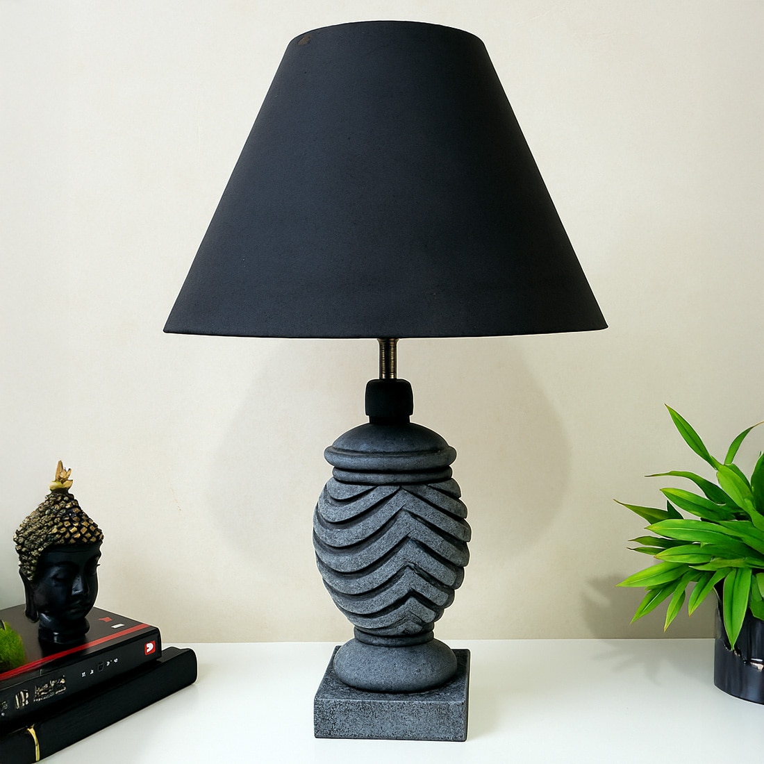 Wings Stone Grey Black Wooden Table Lamp in Grey