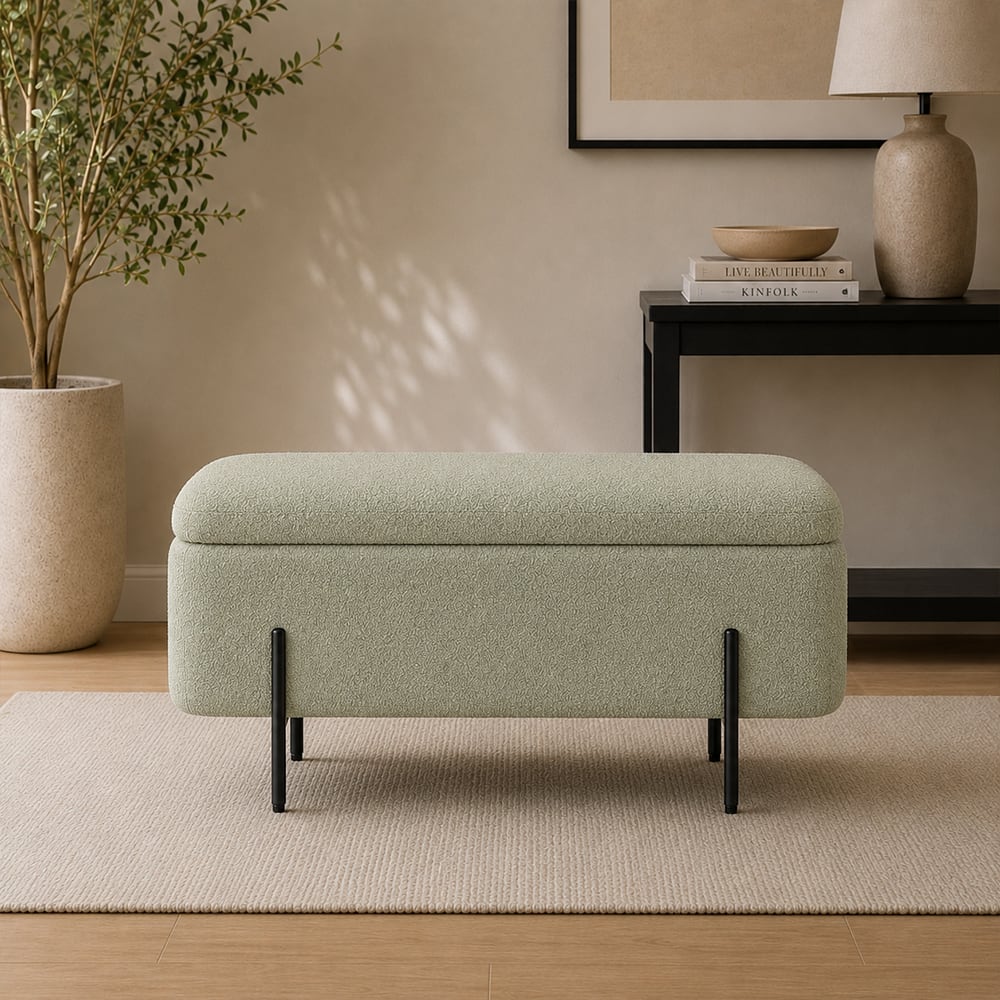 Doe Buck Luxury Boucle Storage Bench in Sage Colour with Black Metal Legs - Doe Buck
