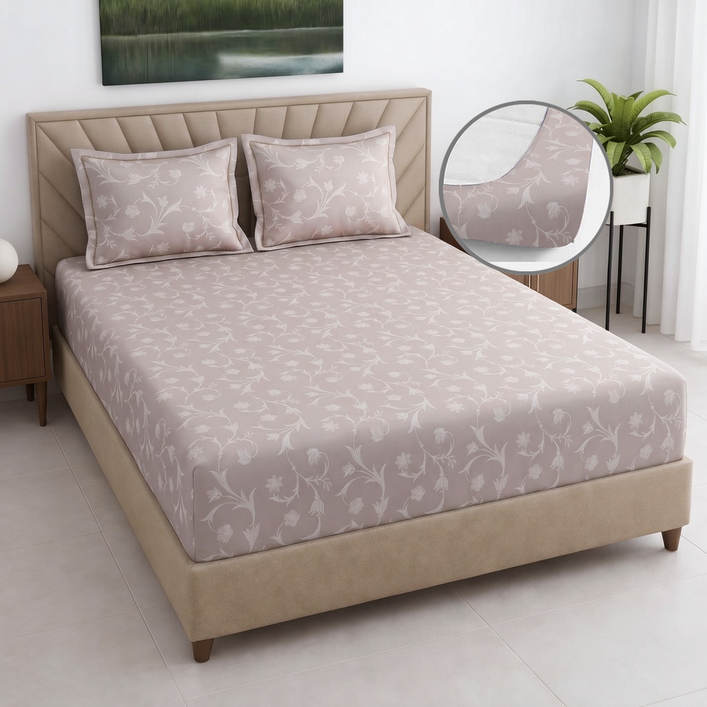 Vine Shade Floral Cotton 400 Tc Fitted Super King Size Bedsheet With 2 Pillow Covers - Threads