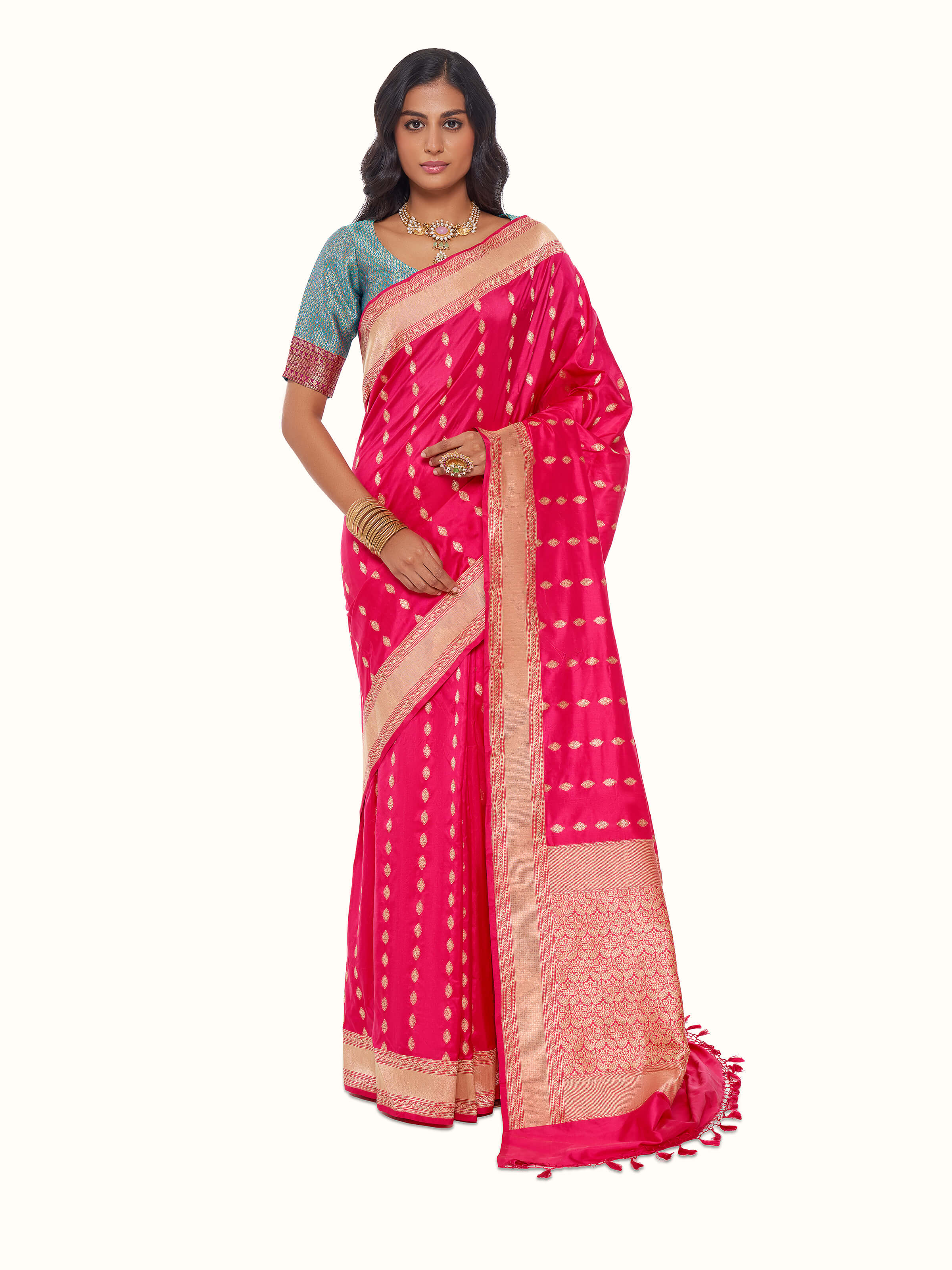 Front view of purple mulberry katan silk Banarasi saree with rich woven motifs