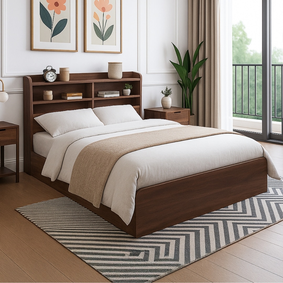 Maverick Engineered Wood Double Bed With Head Board Storage in Columbian Walnut Finish