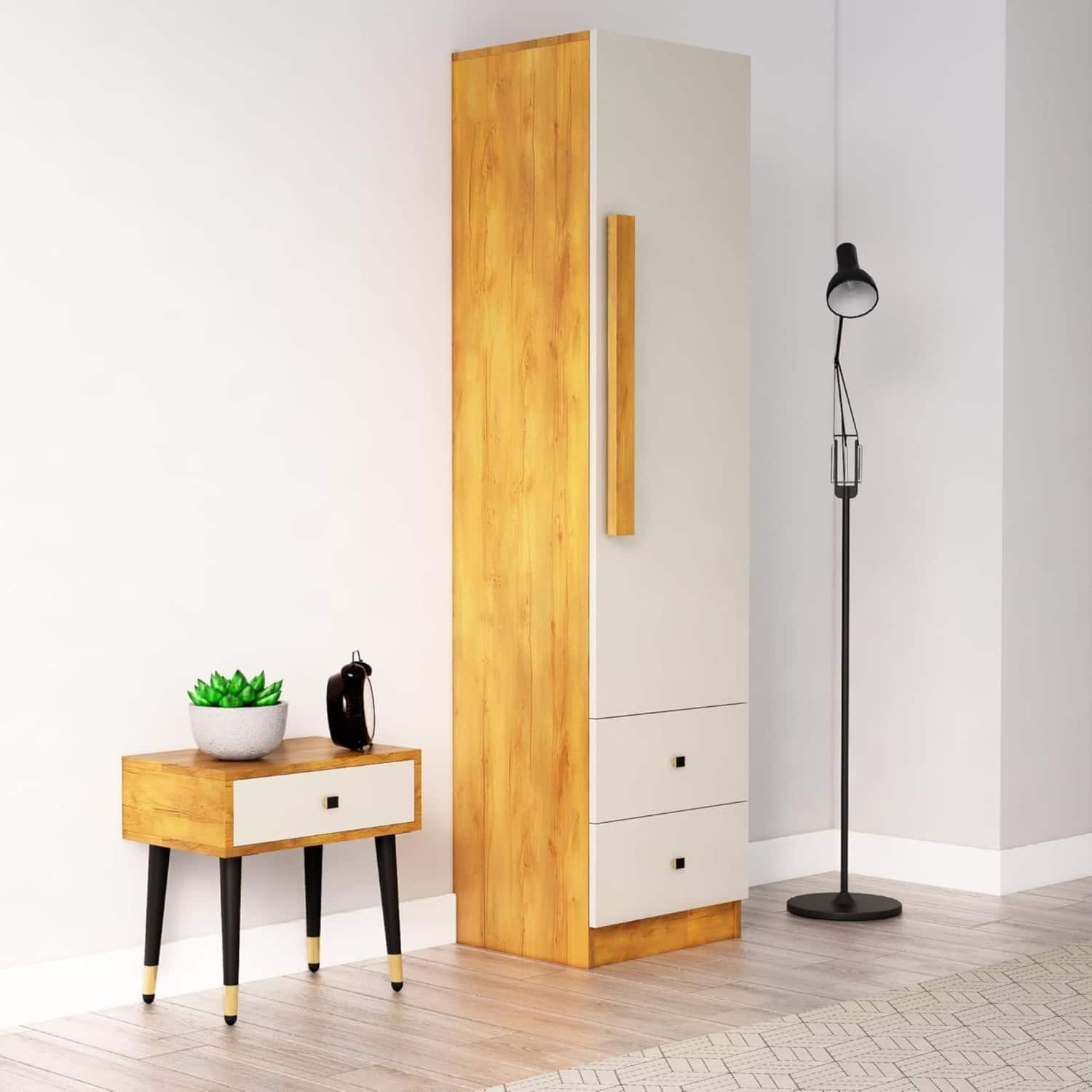 Hexa Red Wooden 1 Door Wardrobe with 2 Drawers Hanging Space in Giant Wood and Frosty White Color - HexaRed