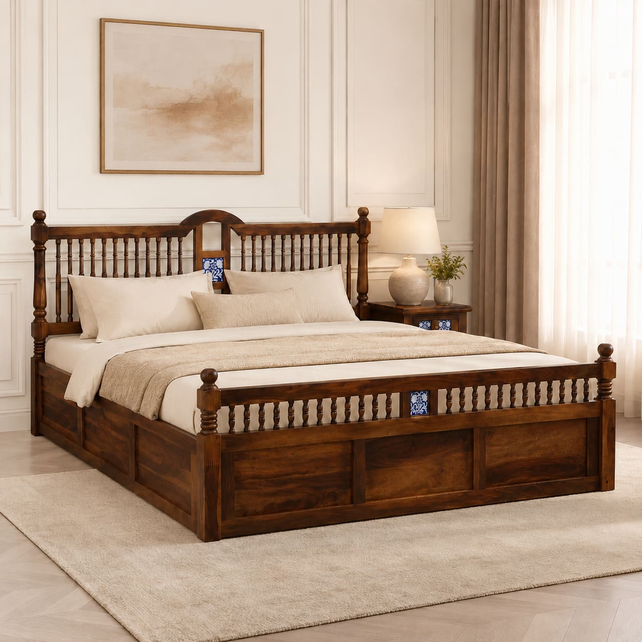 Nilaya Sheesham Wood King Size Bed in Provincial Teak Finish with Box Storage - Woodenmood