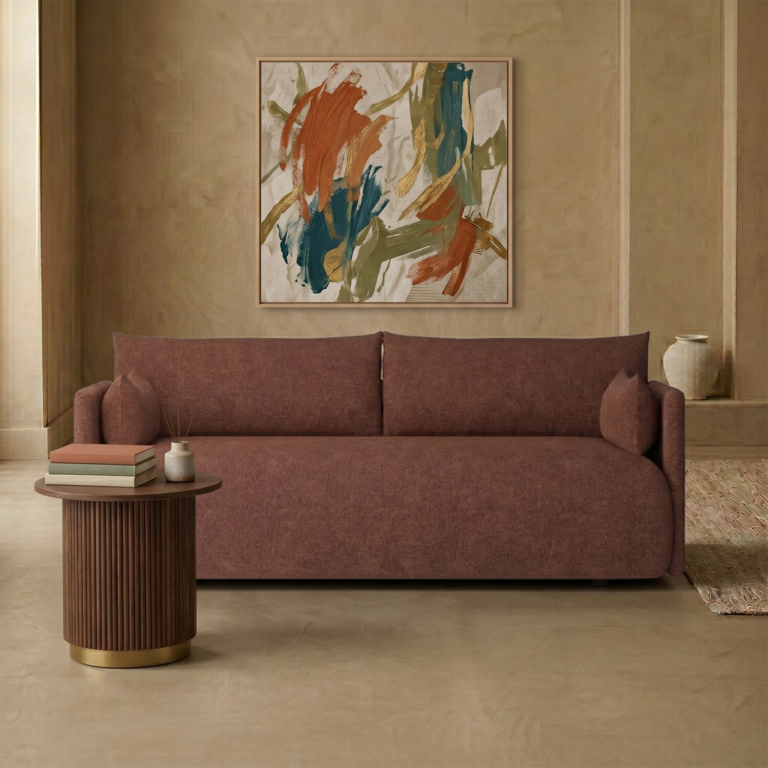Cozychic Wood 3 Seater With Upholstery Non Storage Sofa In Red Colour
