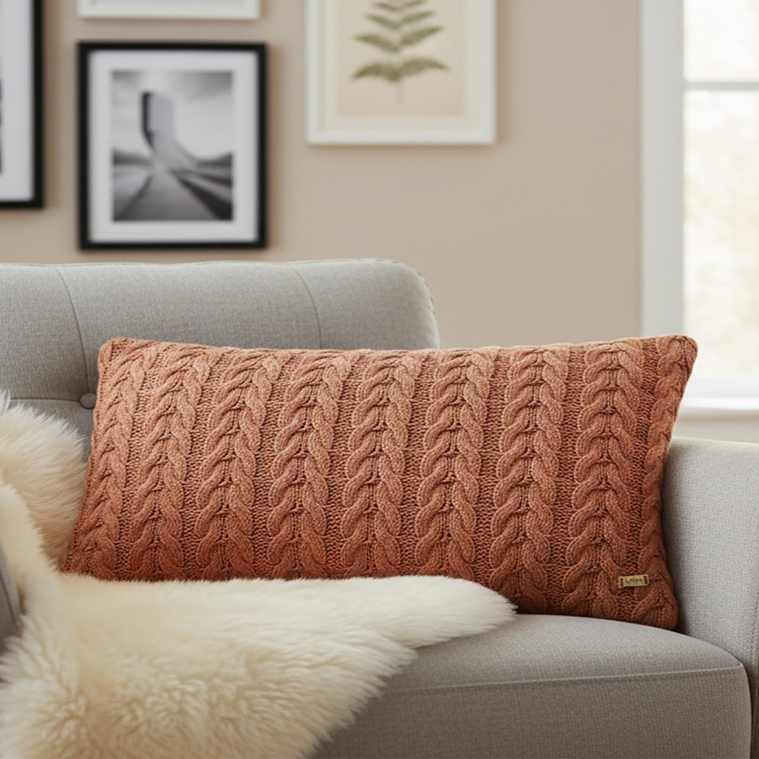 Colette Rosy Brown Cotton Knitted Cushion Cover 12X20 Inches - Pluchi