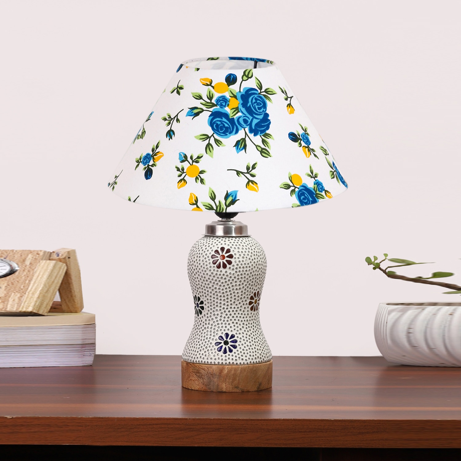 Devansh Conical Multi Cotton Shade Lamp With Wood & Mosaic Glass Base For Decoration/Office/Home/Gifting/Study For Decoration/Office/Home/Gifting/Study -(10X10X14.5) Inches -A - Devansh