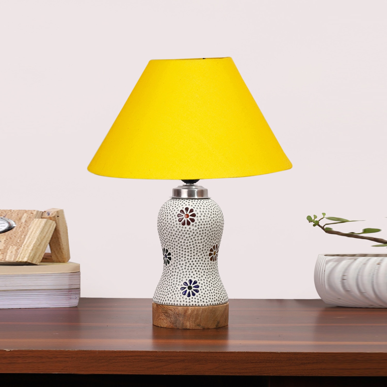 Devansh Conical Yellow Cotton Shade Lamp With Wood & Mosaic Glass Base For Decoration/Office/Home/Gifting/Study For Decoration/Office/Home/Gifting/Study -(10X10X14.5) Inches -A