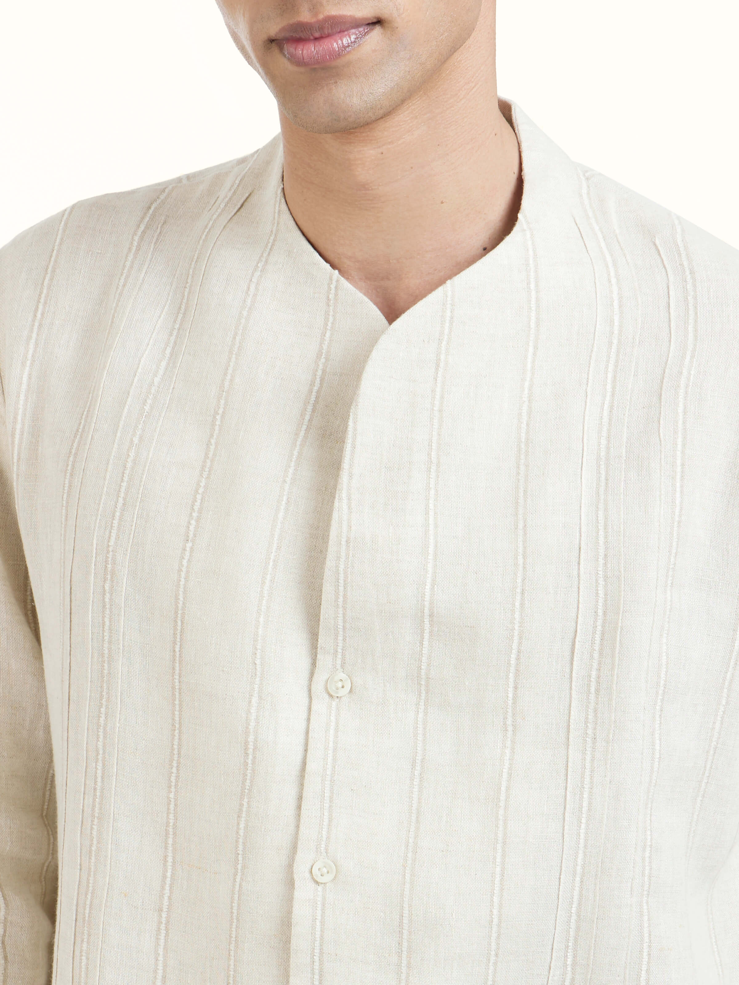 Detail view of ivory linen handloom full sleeve shirt showing fine linen weave and craftsmanship