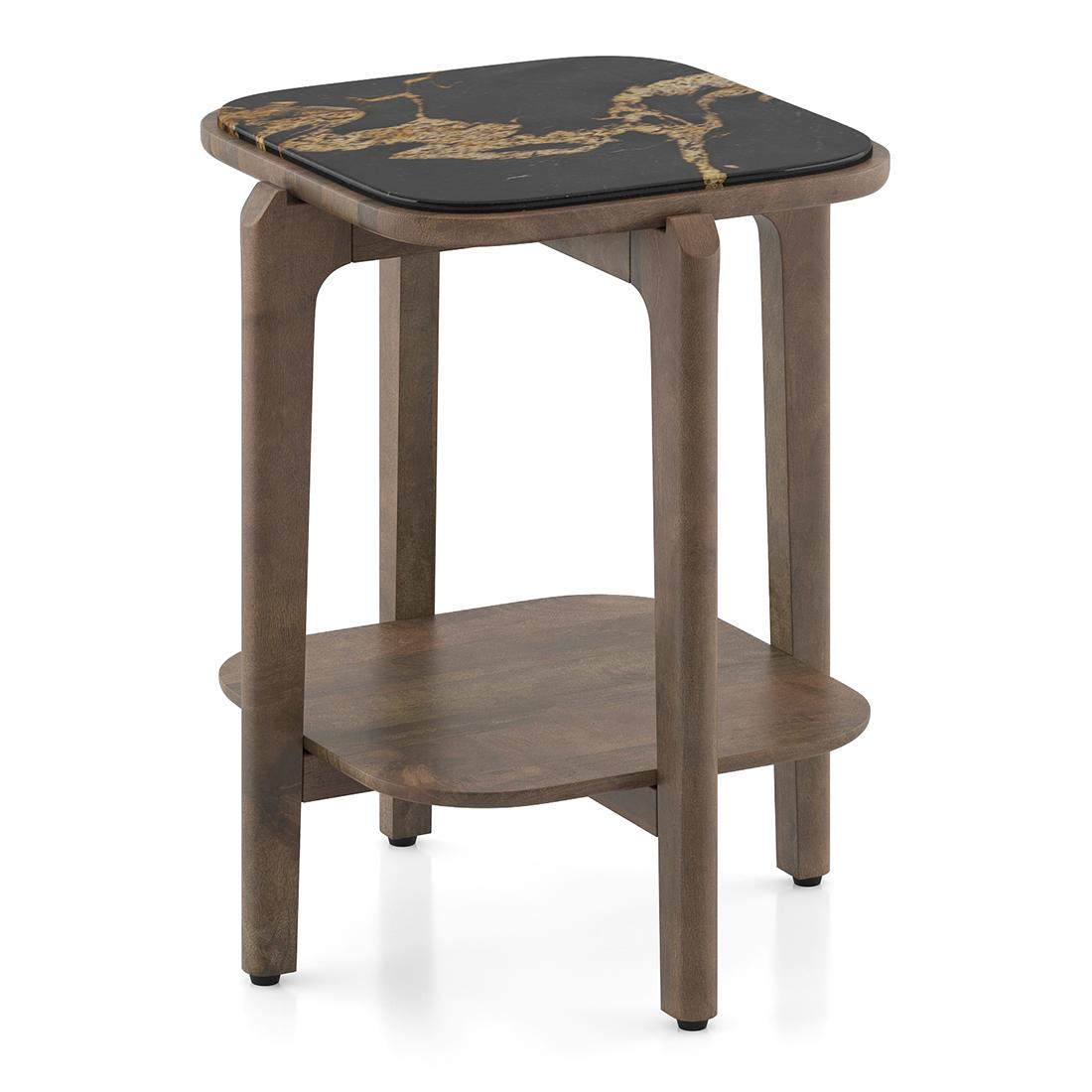Alba Square Copa Cabana Black Stone and Solid Wood Side Table in Danish Walnut Finish