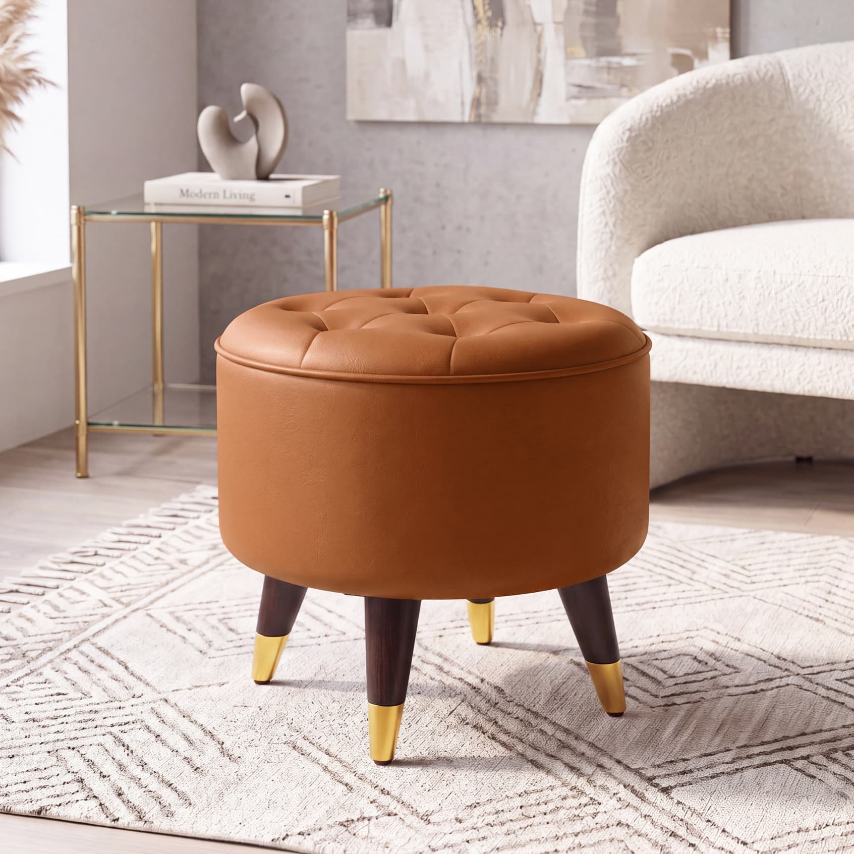 Rene Tuffed Pouffee In Mango Walnut Finish with Nappa Tan Leatherette Colour