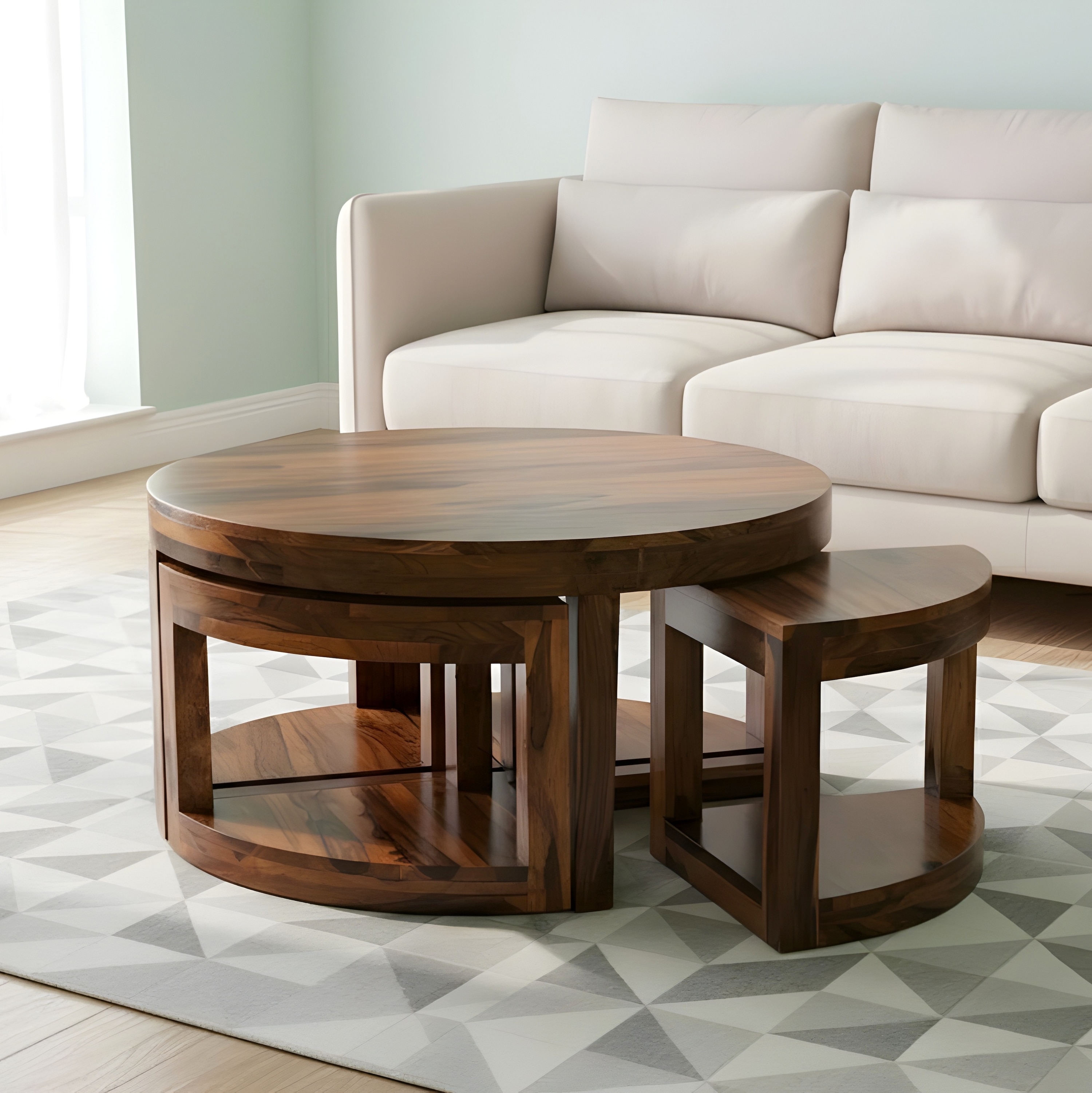 Queens Sheesham Wood Accent Coffee Table Set With 4 Stools