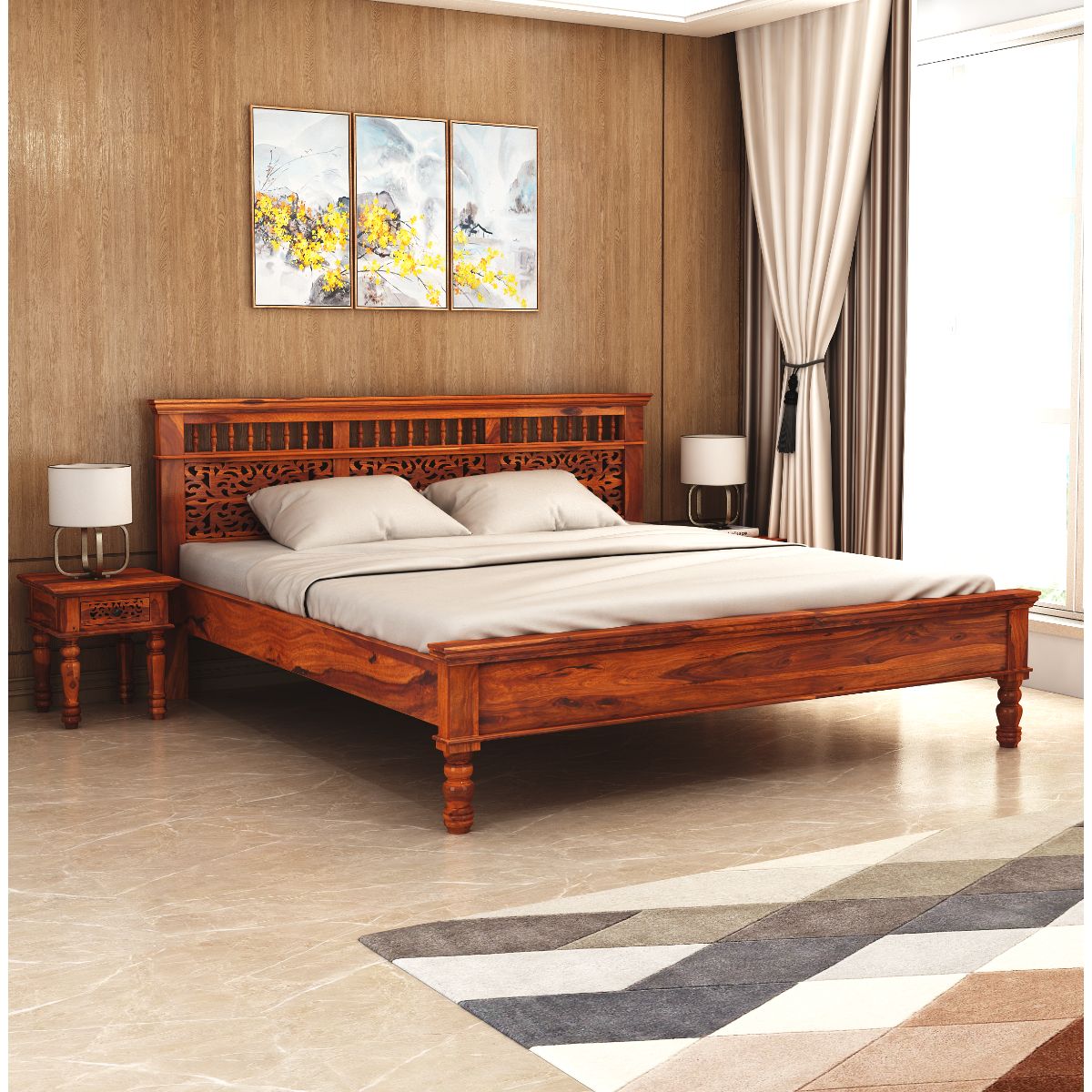 Miraya Solid Wood King Size Non Storage Bed In Honey Finish - Vishwakarma Antique