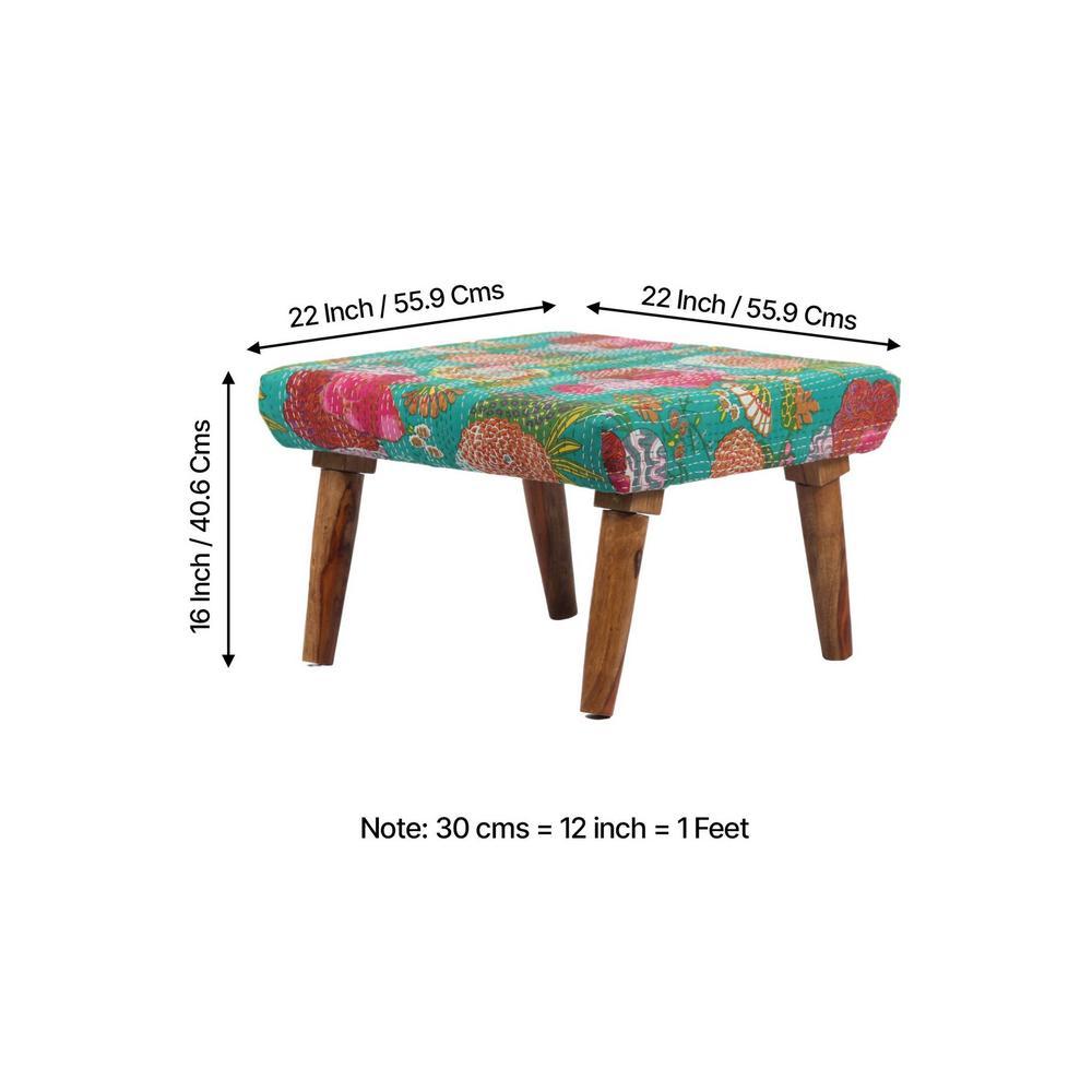 Queens Solid Wood Pouf Stool in Sea Green Fruit Print fabric