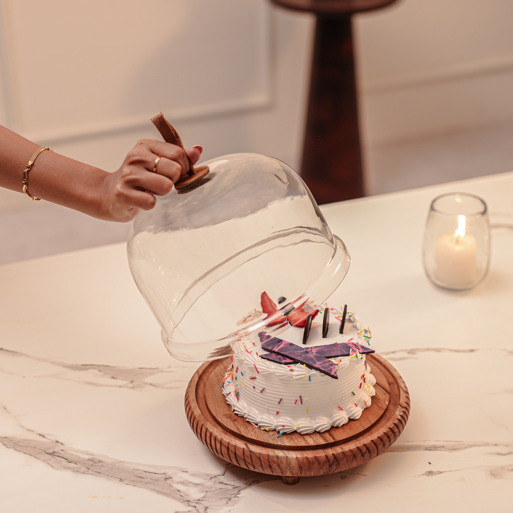 Ireka Homes Dessert Deck Acacia Wood Cake Stand with Glass Dome - Ireka Homes