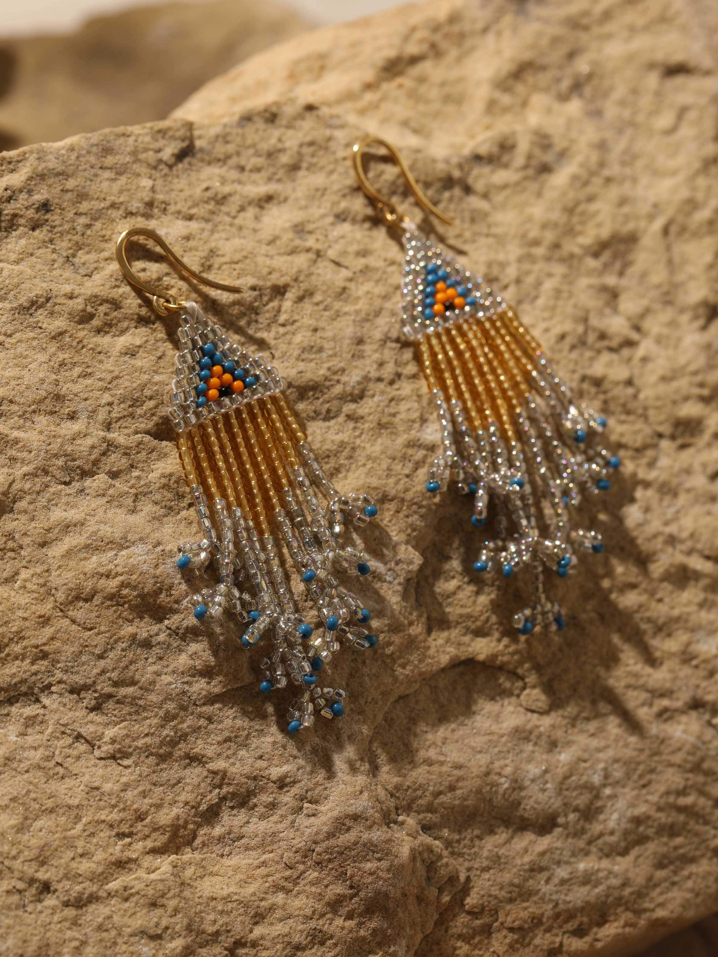 Close-up view of Glass Bead Drop Earrings showcasing intricate bead details and vibrant colors by Swadesh