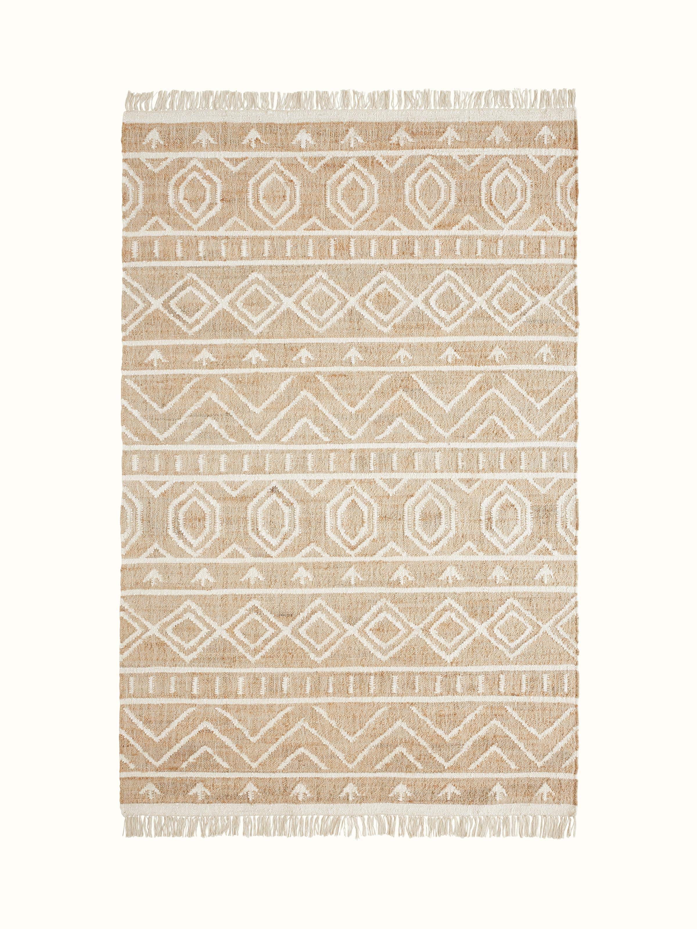 Full view of Graphic Geo Beige Jute Natural Fibre Rug showcasing geometric patterns and natural texture.