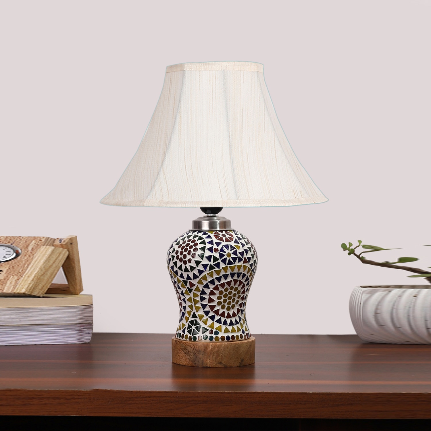 Devansh Off-White Cotton Shade Lamp With Wood & Mosaic Glass Base For Decoration/Office/Home/Gifting/Study For Decoration/Office/Home/Gifting/Study