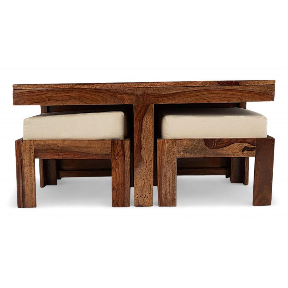 Blane Sheesham Wood Accent Coffee Table Set With 4 Stools In Natural Teak Finish