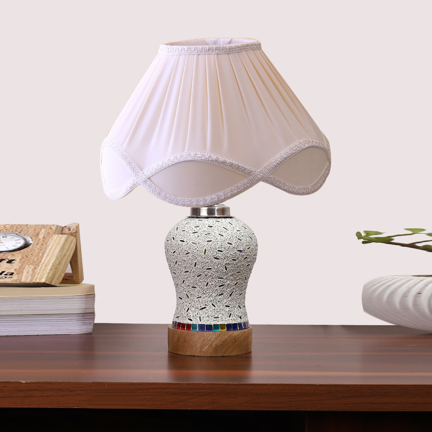 Devansh Off-White Vintage  Cotton Pleated Shade Lamp With Wood & Mosaic Glass Base For Decoration/Office/Home/Gifting/Study For Decoration/Office/Home/Gifting/Study