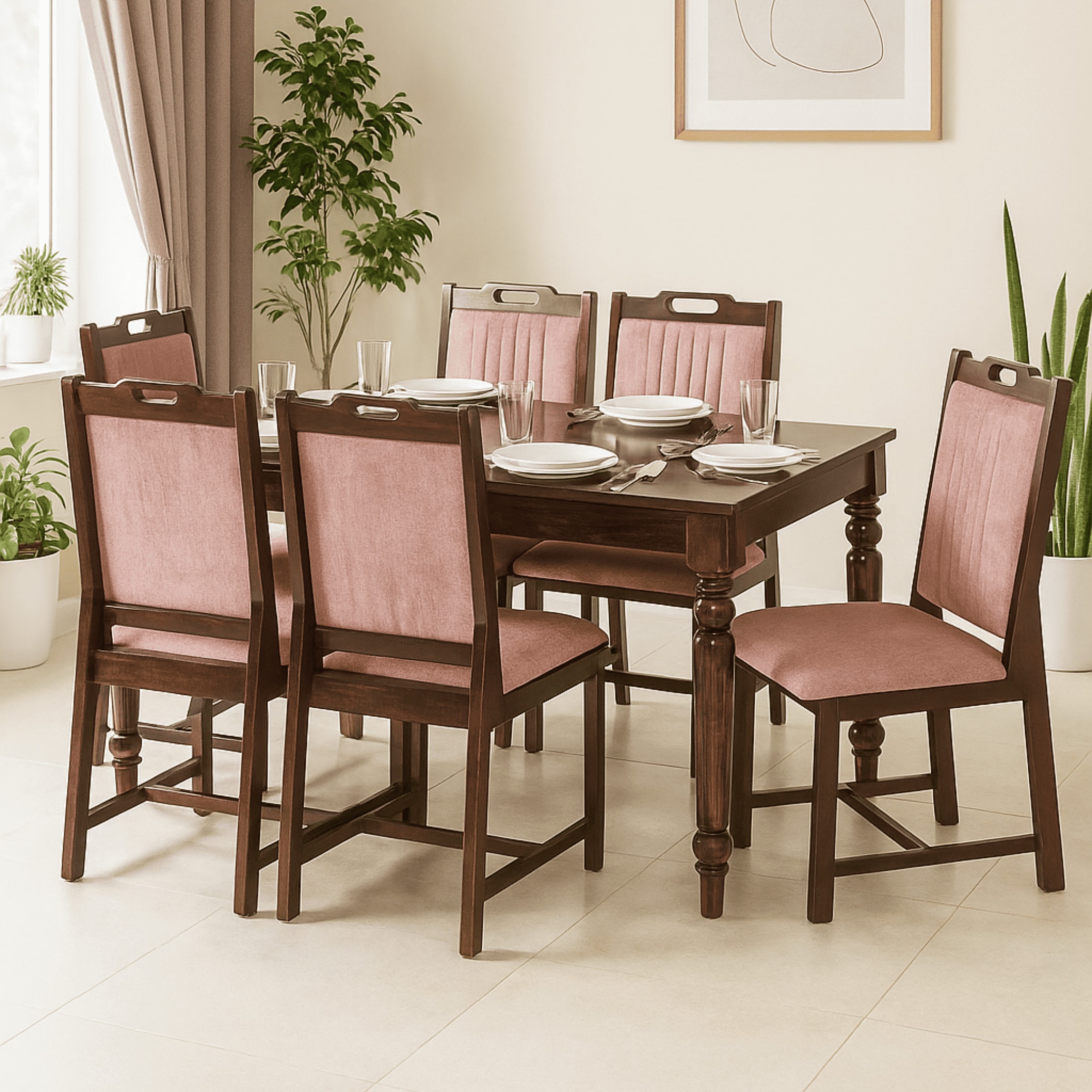 Globally Indian Compact Wooden 6 Seater Dining Table Set – Comfortable 6 Upholstered Seat and Back In Pink Sapphire