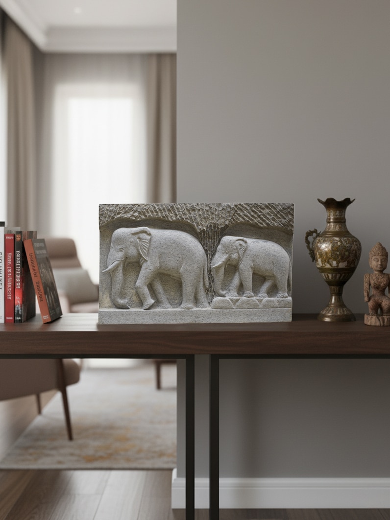 Lifestyle view of Magnificent Carved Stone Elephant Panel Sculpture